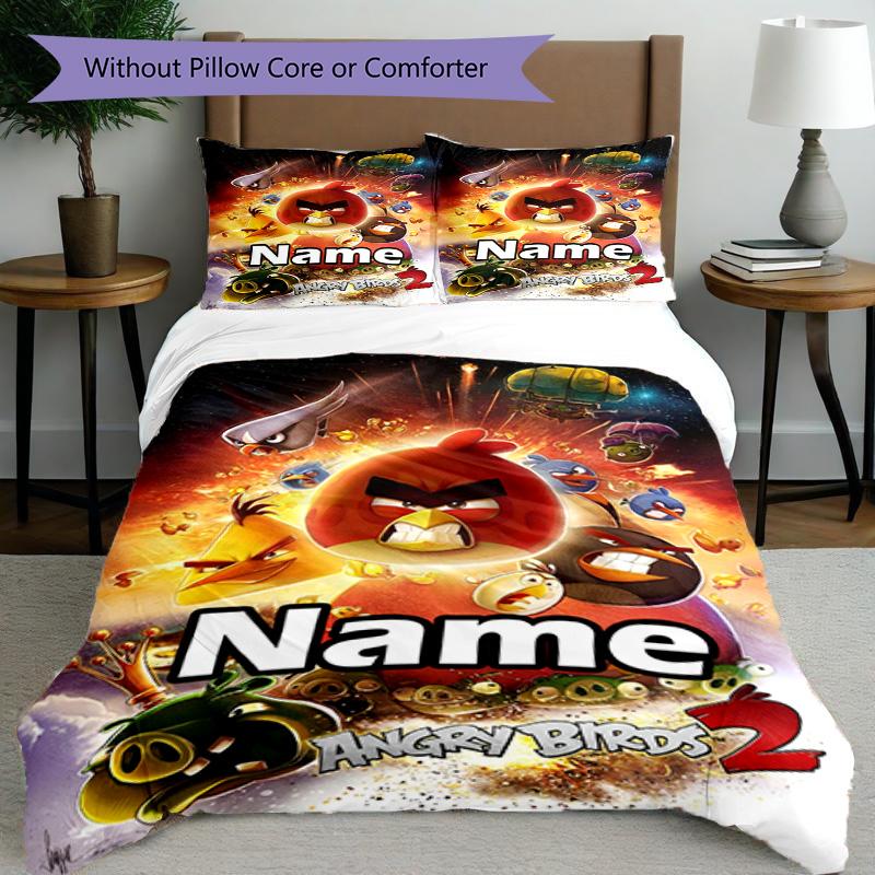 3pcs Duvet Cover Set (1*Duvet Cover + 2*Pillowcase, Without Core), Custom Name Angry Birds Pattern Bedding Set, Home Bedroom Decor Gift