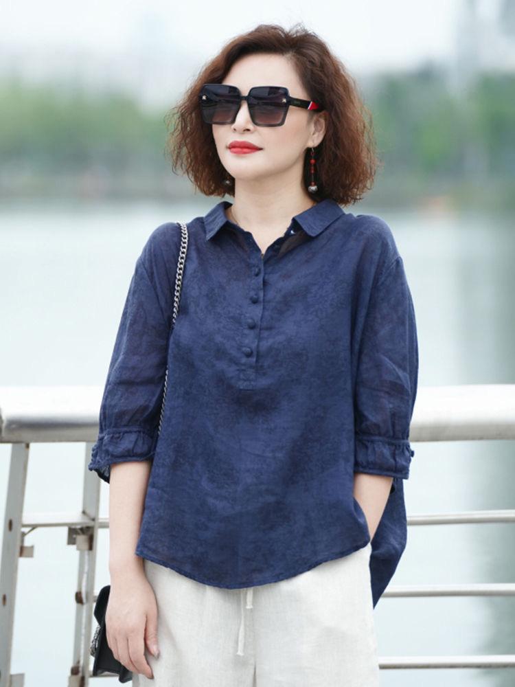 Damski letni T-shirt z klapami z jedwabiu i lnu: Krótki rękaw, Chłodny, Modny, Cienki pulower