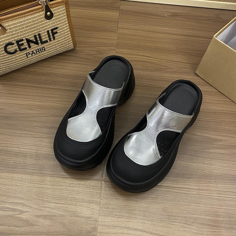 

Баотоу полутапочки для женщин для ношения весной и летом новые из мягкой кожи на толстой подошве повседневные с увеличением высоты ленивые педали прохладные тапочки 40 серебряный