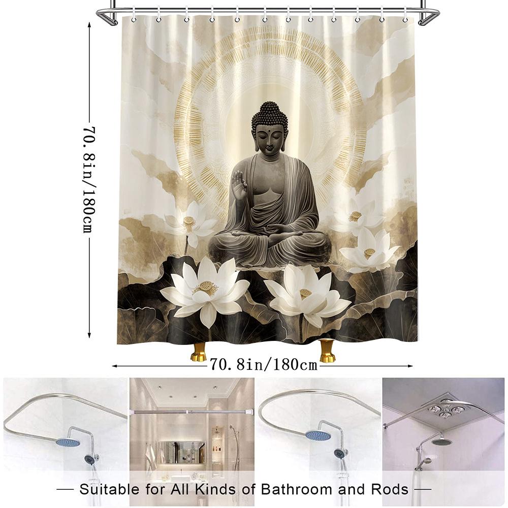 1pc Large Buddha Meditation Shower Curtain with Lotus Flower & Zen Buddhist rt - Beige/Brown/White Spiritual Bathroom Decor