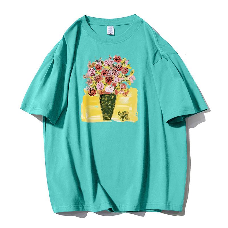 Shellsuning Tričko s potiskem krásných květin pro ženy Letní móda s výstřihem do O Umělecká trička nadměrné velikosti Dámská 100% bavlna Základní měkké topy Harajuku