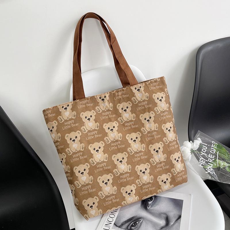 

Women s new embroidered double-sided bear large-capacity portable shoulder bag shopping bag коричневий