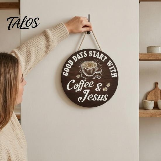 Rustic Home Wall Decor Wooden Coffee Bar Signs, Themed Hanging Sign, Cup Cafe Accessories Shape & Round Wood Plaque for Farmhouse Kitchen Corner