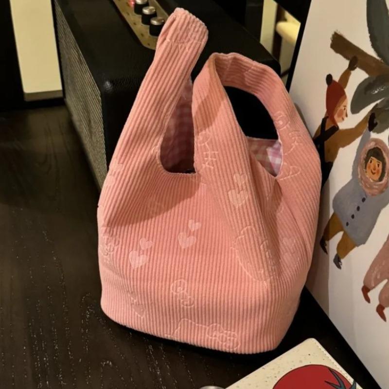 

New Corduroy Cute Kitty Pink Handbag Portable Cute Small Wrist Bag Kawaii Canvas Tote Bags Mini Shoulder Handbag Cat Print Bag