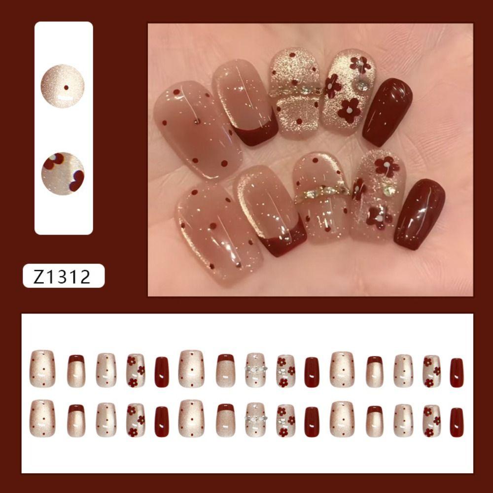 30pcs Long Square and Almond Press On Nails Crystal and Bow Knot Fake Nails False Nails Women