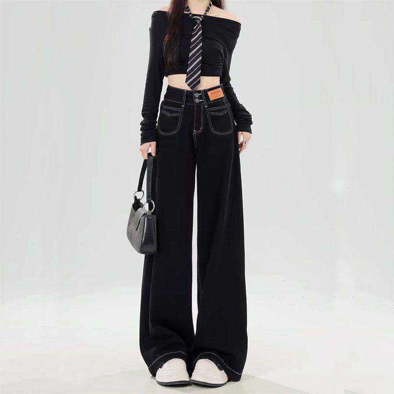 Women's High-Waisted Black Floor-Length Wide-Leg Jeans - Autumn/Winter 2025 Collection