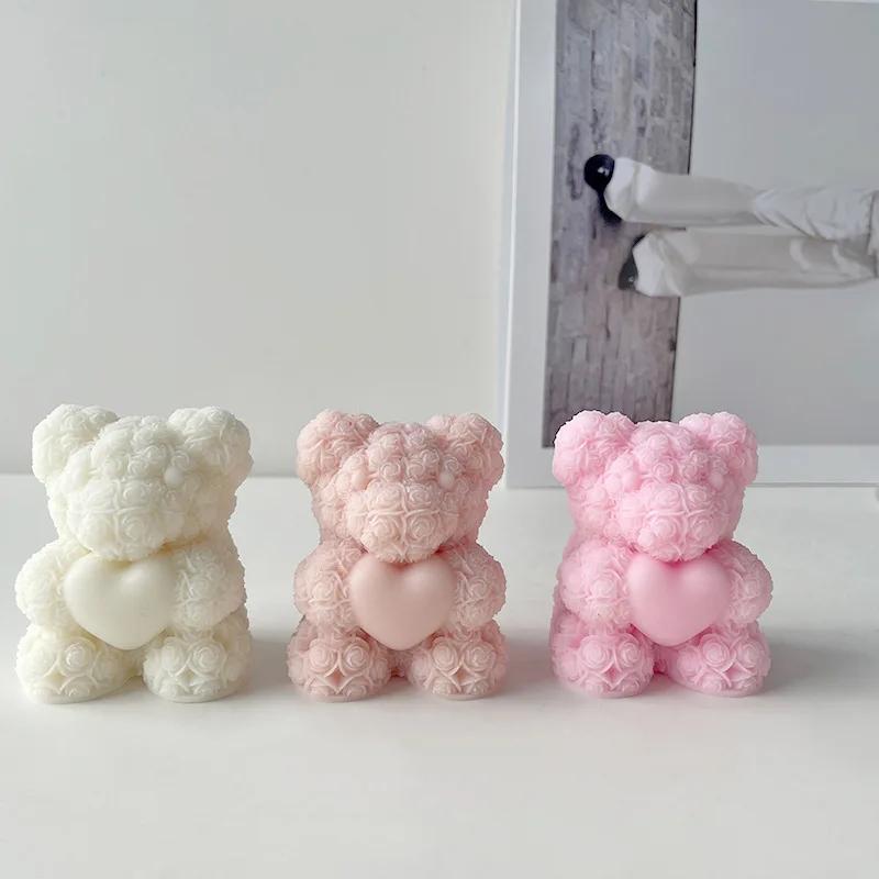 Top Quality Day Love Rose Bear 3D Candle Silicone Mold DIY Bears Handmade Soap Plaster Aroma Candle Mold Home Decor Crafts