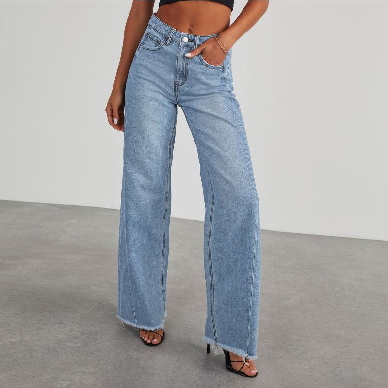 Neue Damen Vintage Gewaschene Gerade Bein Jeans, Lockere Passform Breite Beine Bodenlange Denim Hosen für Lässige Streetwear