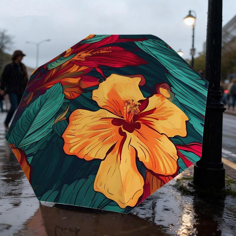 1pc Automatic Folding Umbrella - Hibiscus Lush Green Tropical Pattern Sun/Rain Umbrella, & Blocking, Dual Use for Sunny & Rain Iron&8K