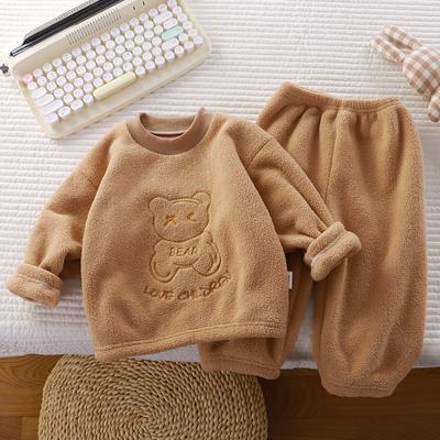 Childrenautumn Solid Warm Sets Medium-Sized Children's Fleece-Lined Crew Neck Top + Pants Homewear Two-piece Set
