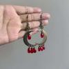 Gothic Bronze Bat Earrings, Moon and Drops, Red Crystal Magic