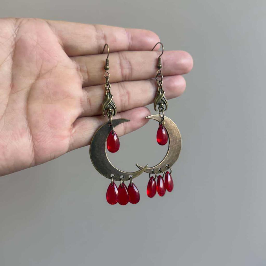 Gothic Bronze Bat Earrings, Moon and Drops, Red Crystal Magic