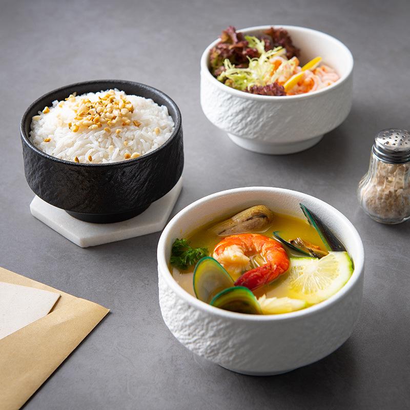 Black and White Ceramic Rice Bowl - Rock Texture Household Tableware for Soup, Salad, Dessert