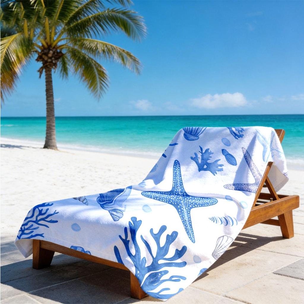 Nautical Sea Shell 2D Flat Printed Microfiber Beach Towel Waterproof Sandproof Summer Vacation Pool Bath Blanket Gift