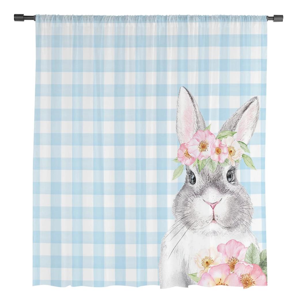 Velikonoční modré kostkované králičí květinové tylové závěsy do obývacího pokoje ložnice voálové průsvitné závěsy okenní domácí dekorace závěsy