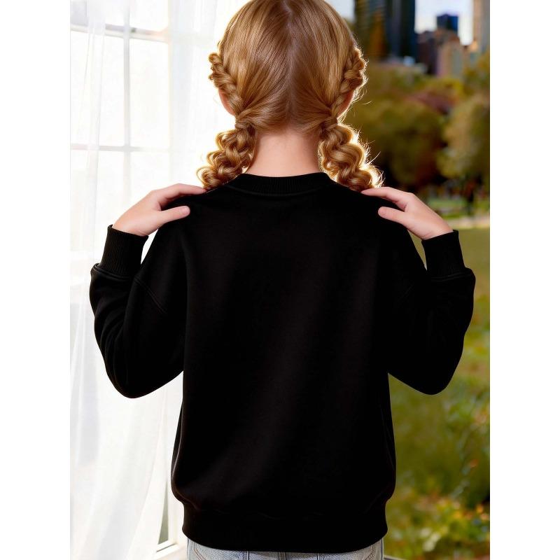 Girl's Round Neck Sweatshirt with Printed Number 67 Design, Featuring a Stylized Orca Pattern On the Chest