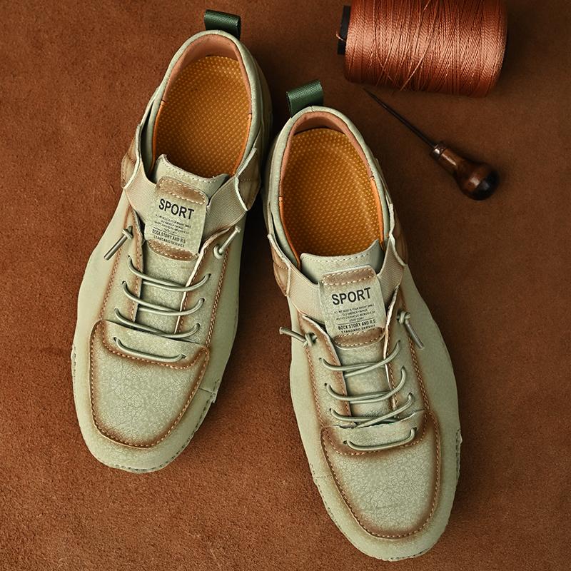 Spring Newest Leather Men Casual Shoes Hand Made Flats Sneakers Men No-Tie Elastic Laces Soft Moccasins Footwear Plus Size 38-48