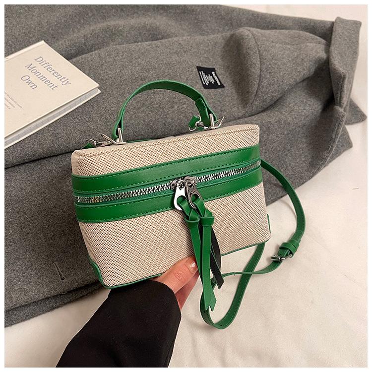 New Color Blocking Box Bag for Women PU Splicing Zipper Handbag Korean Casual Fashion Canvas Shoulder Bag Female CrossBody Bags