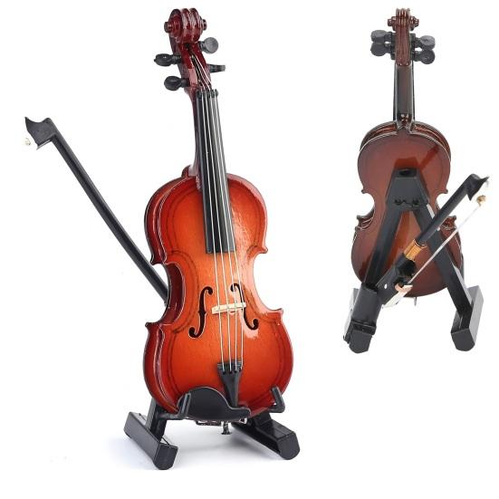 Wooden Mini Violin Model with Stand Playable Tiny Violin Figurine Miniature Musical Instrument Ornament Home Office Desktop Decoration