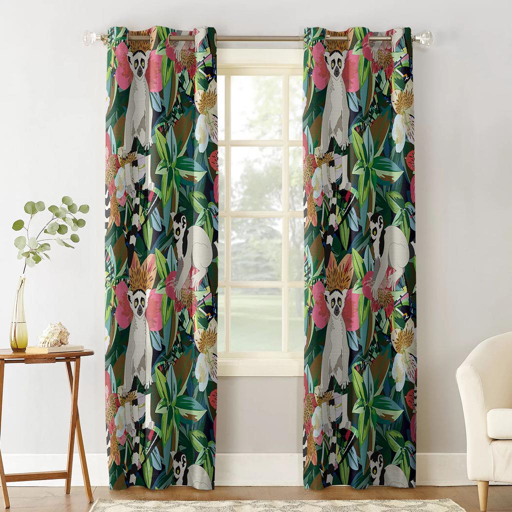 Watercolor Botanical Flowers And Raccoon Home Decor Window Curtains Bedroom Kitchen Curtain Panel Curtains for Living Room