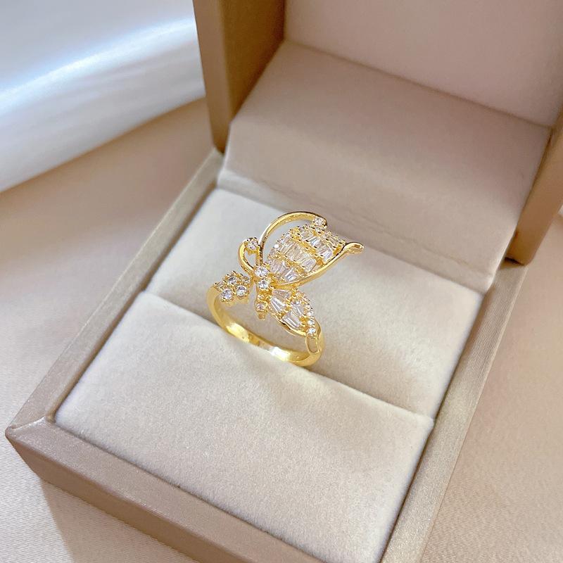 Real Gold Bow Zircon Ring Opening Adjustable Simple Jewelry Japanese Ring Couple Ring