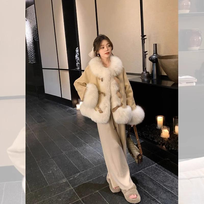 Imitation fox fur integrated locomotive jacket women's autumn and winter short 2024 new suede cotton clothing
