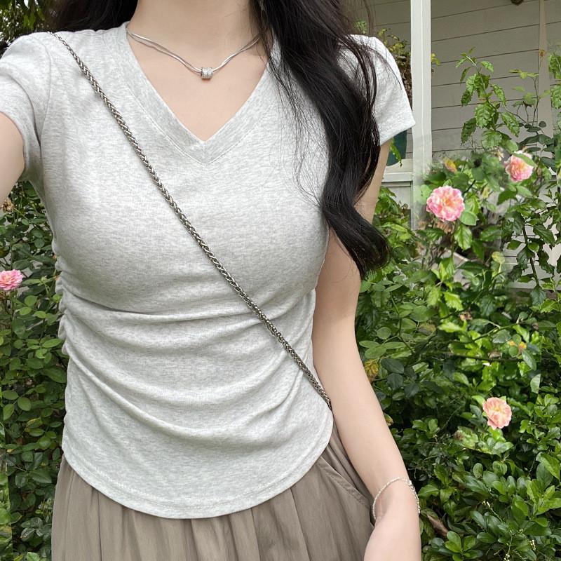 Plain Cotton Short Sleeve T Shirt With Pleated Detail For Casual Wear