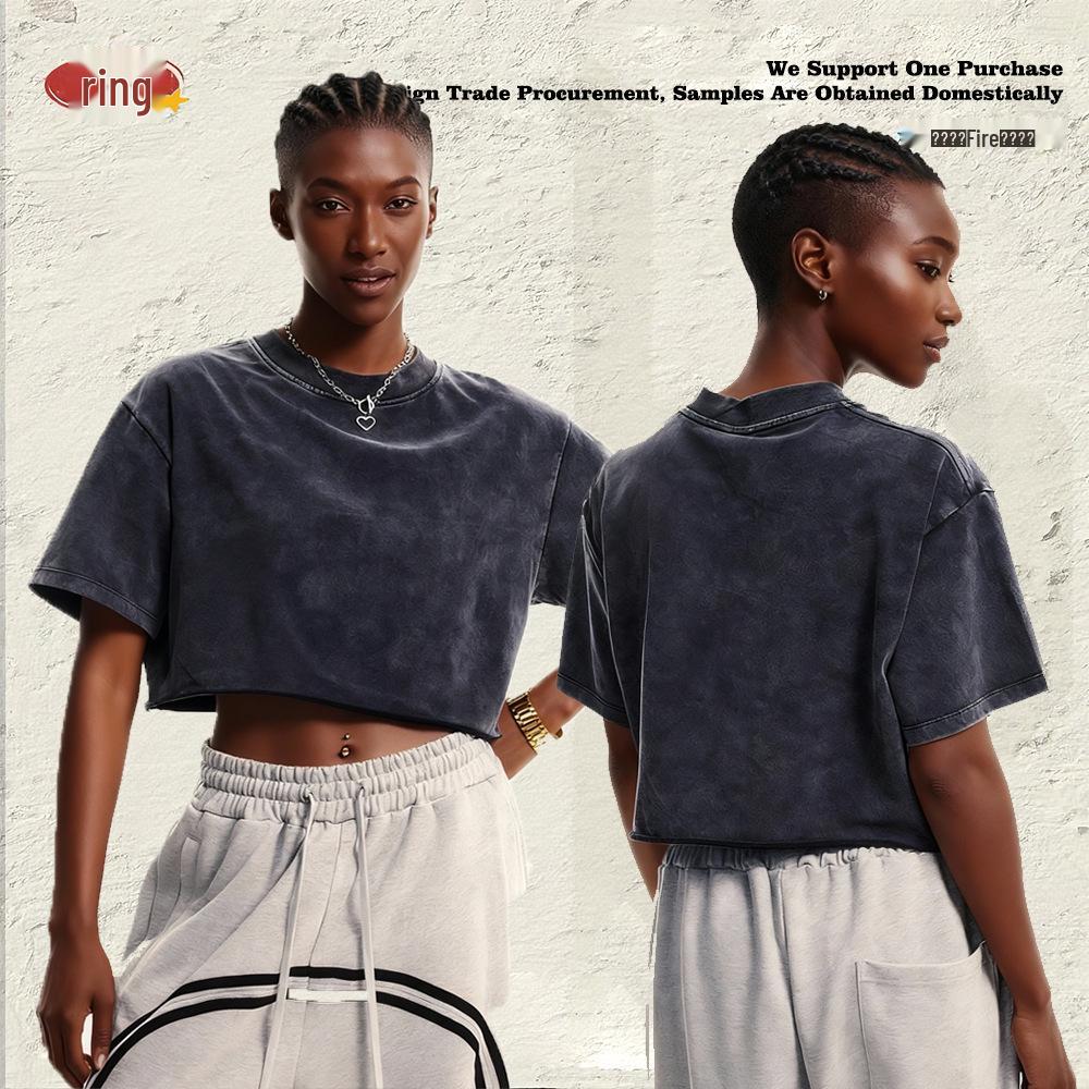 Women's Washed Vintage Cropped T-shirt: Heavyweight 230g Pure Cotton, Retro Loose Fit, Short Sleeve Waist-Length Top