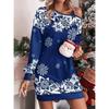 LYRIA New Christmas Snowflake Print Off Shoulder Dress Women Fashion Winter Long Sleeve Loose Party Mini Dresses for Women