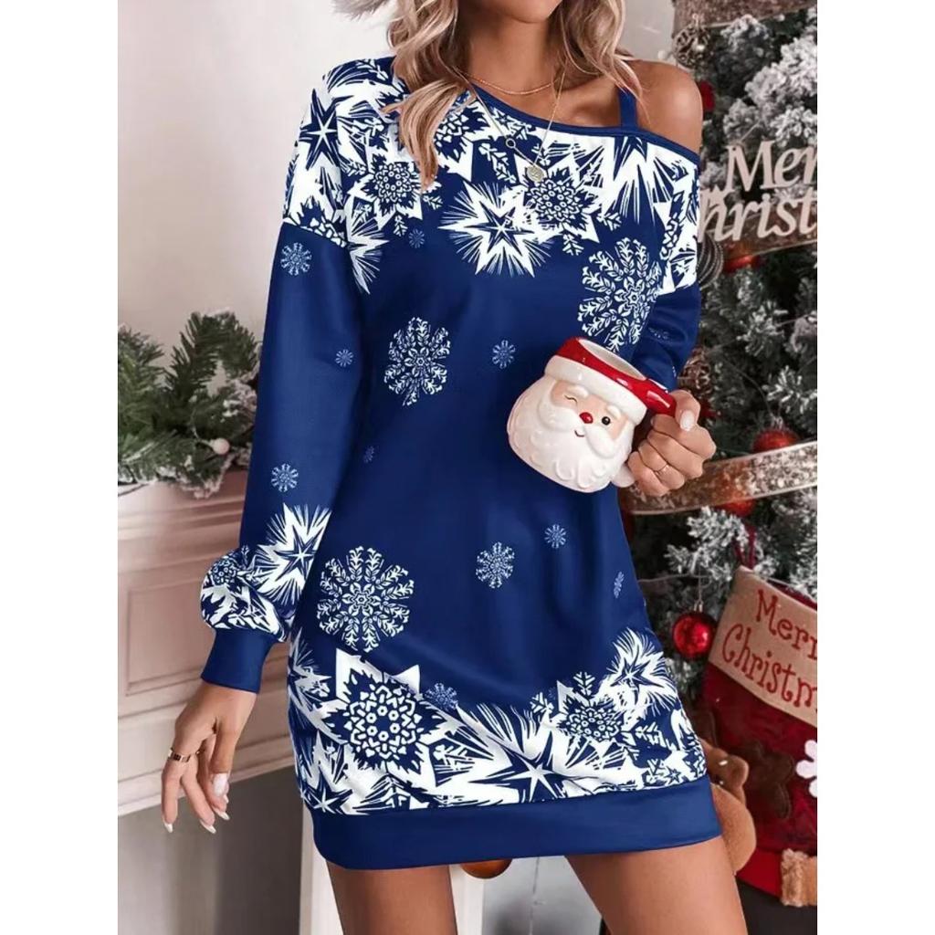 LYRIA New Christmas Snowflake Print Off Shoulder Dress Women Fashion Winter Long Sleeve Loose Party Mini Dresses for Women