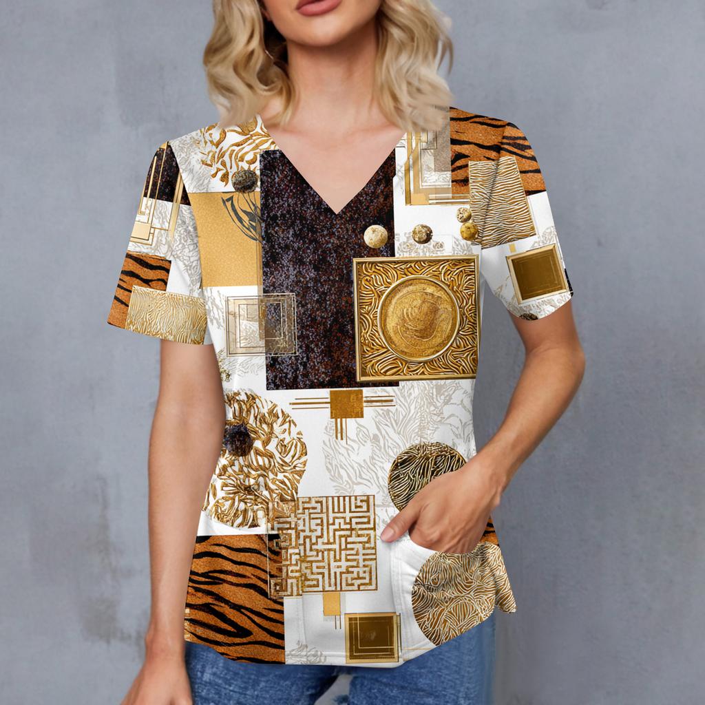 Women's Retro Printed V-Neck Double Pocket Short Sleeves Hem Slit  Uniform Caregiver Top