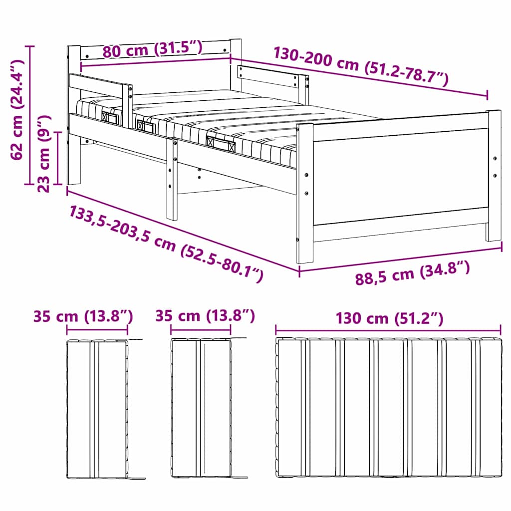 Wooden Bed Frame with Extendable Mattress Brown 80 x 200 cm