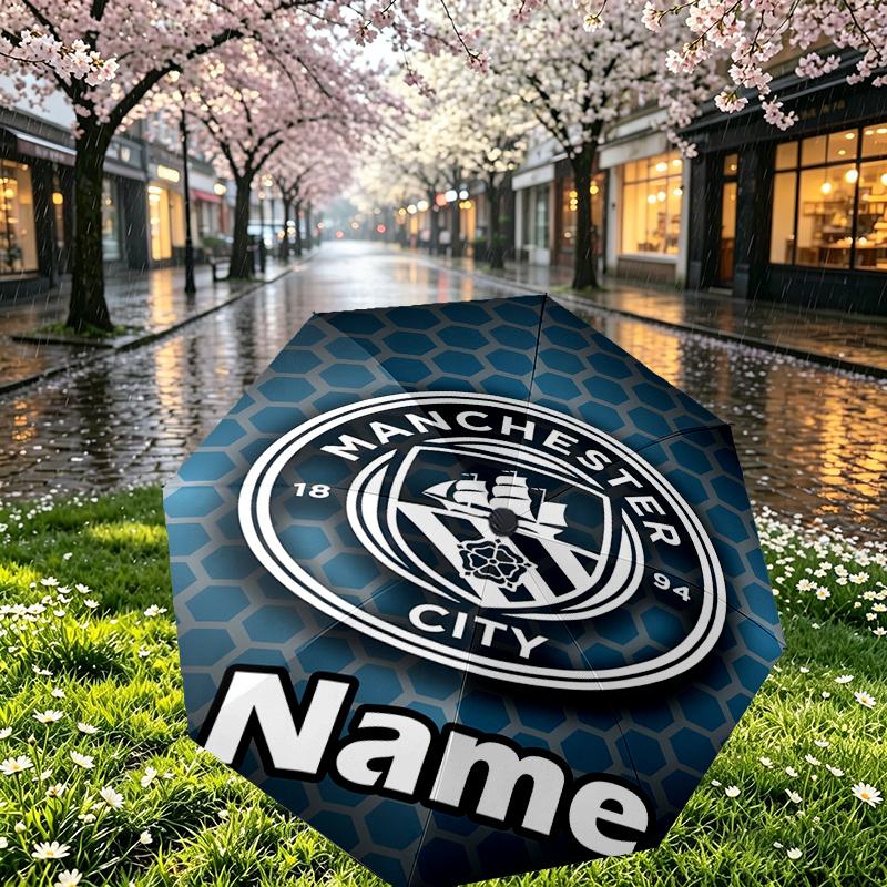 Custom Name Personalized Manchester City FC Print Umbrella, Auto Open Close, 8‑Rib Sturdy Frame, Commute Camping Hiking Use, Birthday Gift