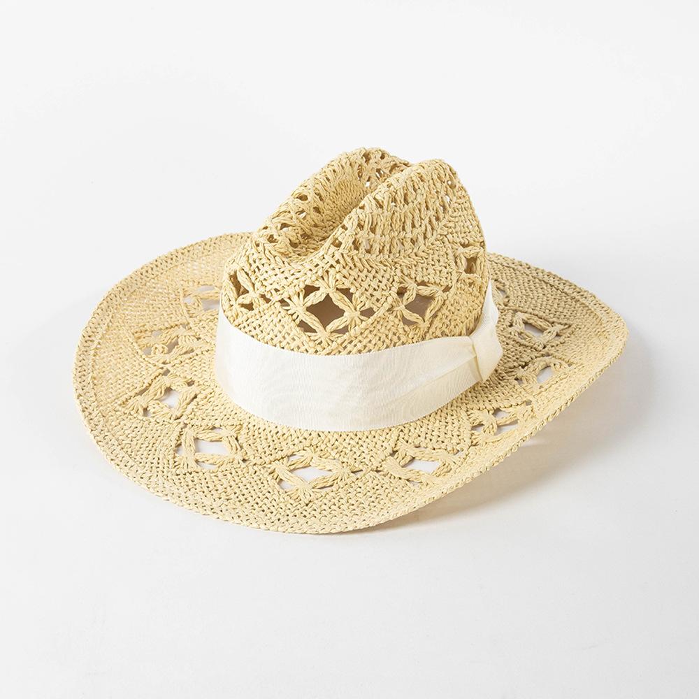 2023 New Fashion Casual Hollowed Out Hand Braided Bow Webbing Cowboy Straw Hat Outdoor Travel Sun Protection Sunshade Straw Hat