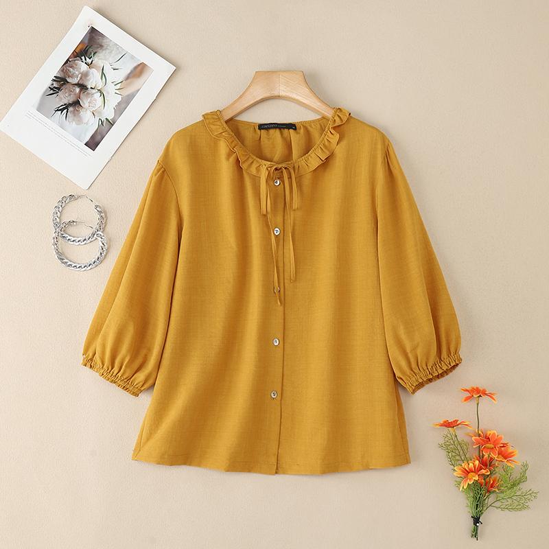 ZANZEA Women Casual Round Neck Loose 3/4 Sleeve Plain Blouse