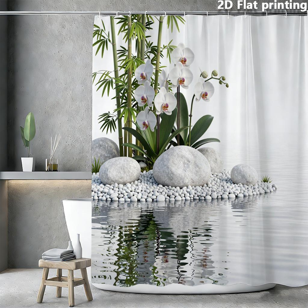 Zen Bamboo Orchid Water Garden Shower Curtain Machine Washable All Season Waterproof Privacy Protection Nature Design Peaceful