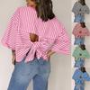 Damen Casual Gestreiftes T-Shirt Offener Rücken Mit Schleife 3/4 Ärmel Lockere Passform Bluse Für Den Täglichen Gebrauch