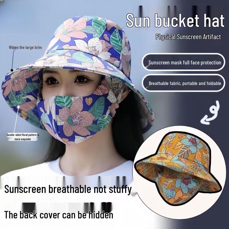 High-End Floral Sun Hat with Dustproof Mask and Breathable Face Covering
