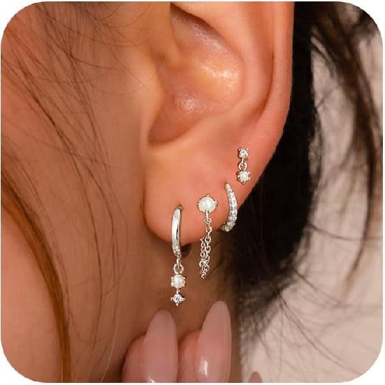 Triple Huggie Stacked Earrings for Women Gold Chain Drop Dangle Earrings Cute Statement CZ Earrings Trendy Dainty Jewelry Gift