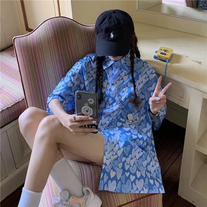 Summer Women Streetwear Printing Design Casual Top Loose Chain Single Breasted Oversized Blouses Shirt