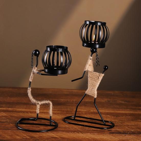 Human Figure Iron Candle Holder Handmade Metal Jute Rope Candlestick Nordic Boho Home Decor for Dining Table Bar Countertop Wedding Restaurant