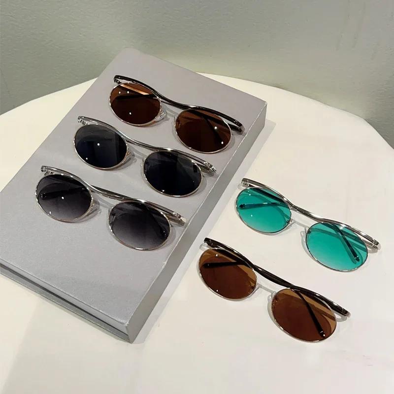 KAMMPT Vintage Oval Sunglasses New Fashion Metal Rim Gradient Outdoor Casual Shades Women Trendy Brand Design Sun Glasses