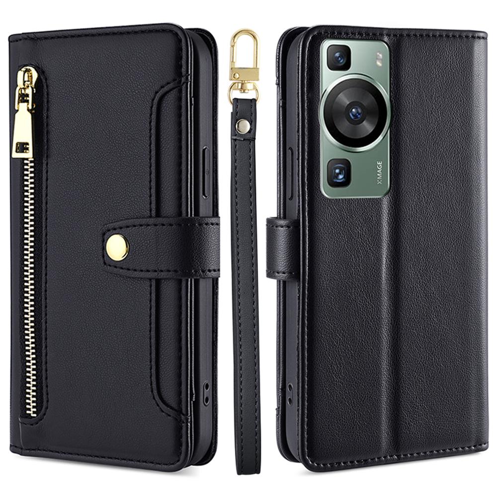 

Wallet Cover for Huawei P60/P60 Pro Zipper Pocket Anti-Scratch Leather Phone Stand Case with 2 Straps Black