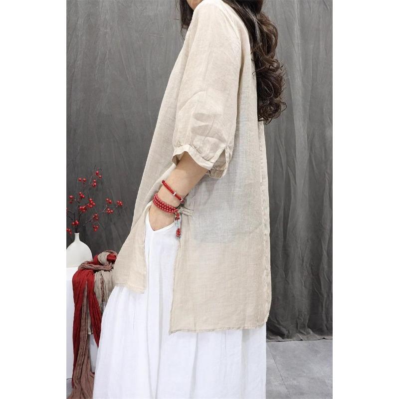 Women Summer Spring Round Neck Half Sleeve Cotton Linen Blend Embroidered Retro Casual Tunic Top