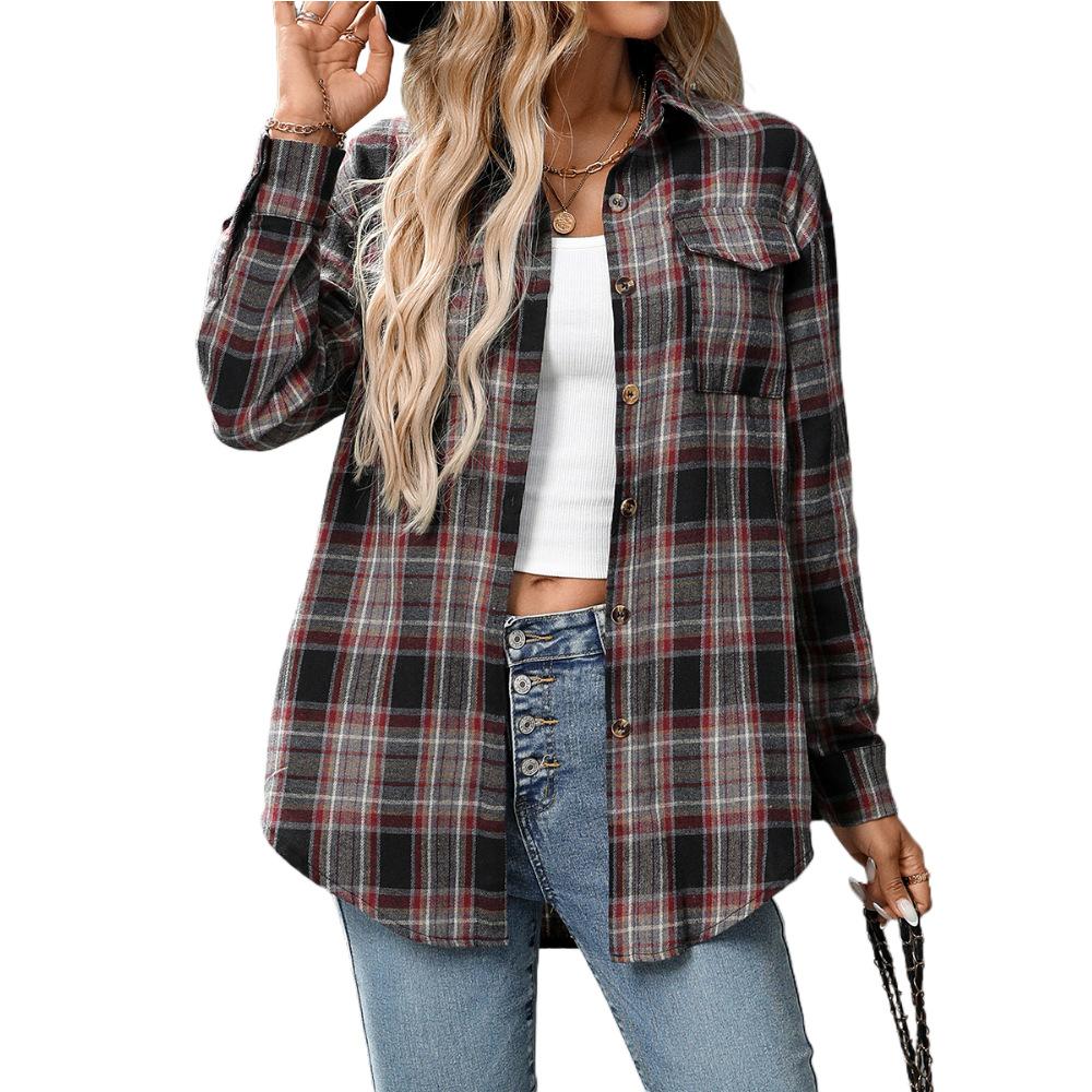 Women's Casual Button-Down Plaid Shirt, Long Sleeve Tie Front Top, Multiple Color Options