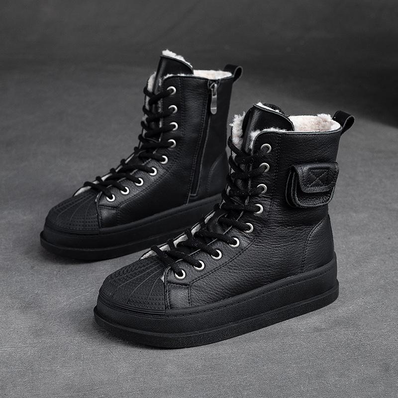 Johnature Winter Plüsch Warme Baumwollstiefel Echtes Leder Runde Zehen Dickbesohlte Kurze Damenstiefel