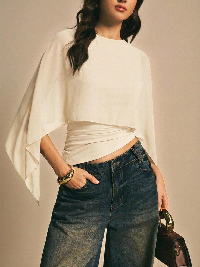 2026 Summer Women's Cape Sleeve Chiffon Top: Round Neck, Loose, Elegant Irregular Design