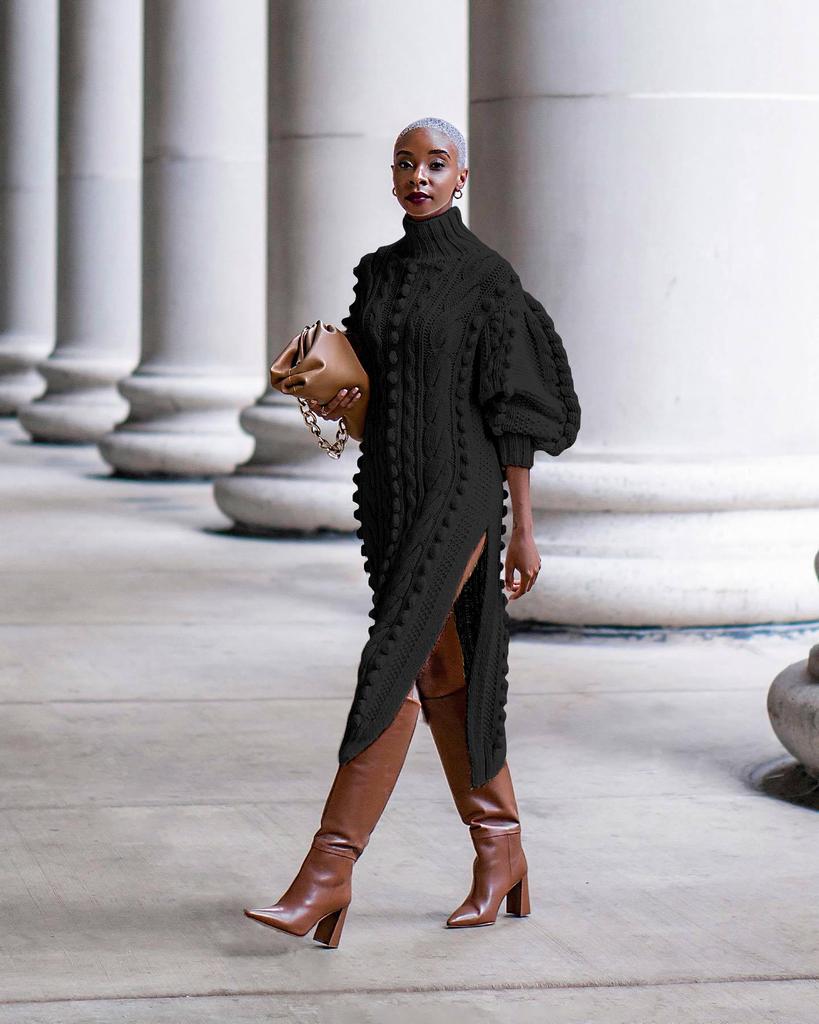 European & American Women's High Neck Knitted Slit Dress