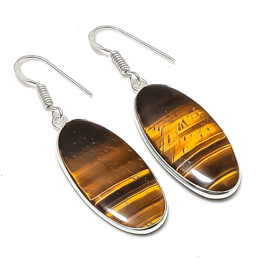 Natural Tiger Eye Gemstone 925 Sterling Silver Jewelry Earring 1.97" AEE-11026