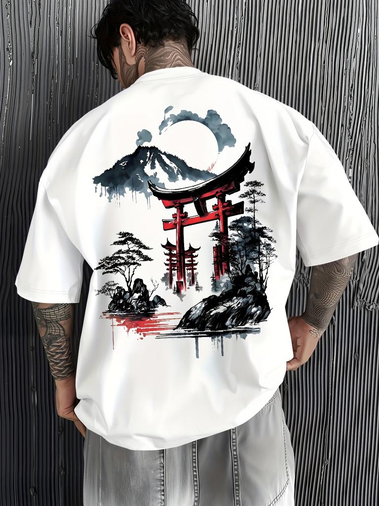 Japanese Ukiyoe Torii GateFuji Mountain Print 100Cotton Men Woment Tshirt SummerAutumn Daily Sports Casual Loose Shortsleeve